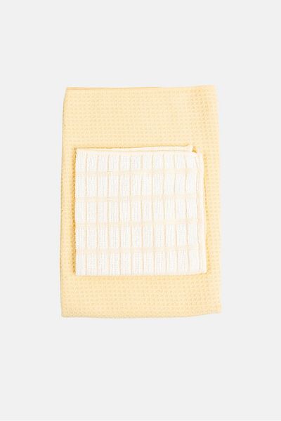 BEBEHOME 2 Pieces Microfiber Cotton Cloth And Waffle Kitchen Towel, Yellow