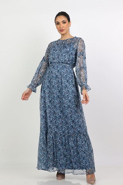 Nichii Long Floral Dress with Pleated Waist and Long Sleeves