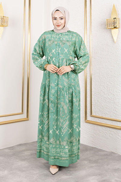 Tesettür Dünyası Μακρύ μαντίλι φόρεμα από βισκόζη με μισό κουμπί και πατιλέτα TSD250206 Πράσινο