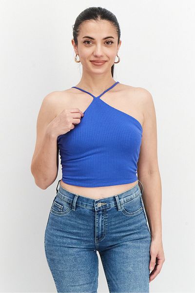 Sinsay Women Halted Neck Sleeveless Tie Detail Crop Top, Blue