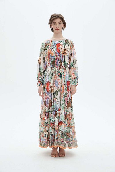 Nichii Plus Size Floral Maxi Dress with Long Wide Sleeves and Boat Neck