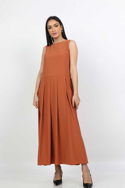 Nichii Solid Long Dress with Waist Pleats, Sleeveless -