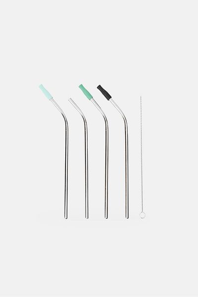 BEBEHOME 4 Piece Stainless Steel Straw With Cleaning Set, Silver