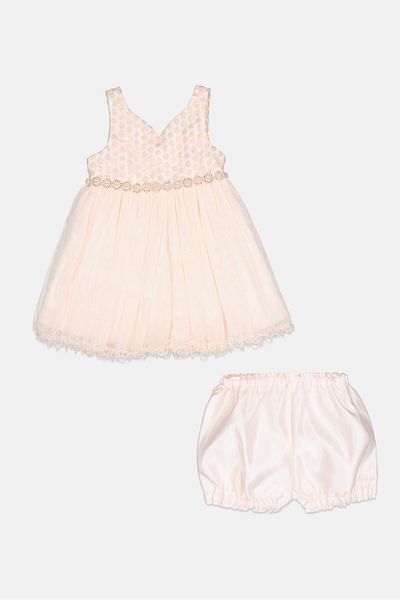 American Princess Toddlers Girl 2 Pcs Textured Mesh Party Dress With Shorts Set, Light Pink