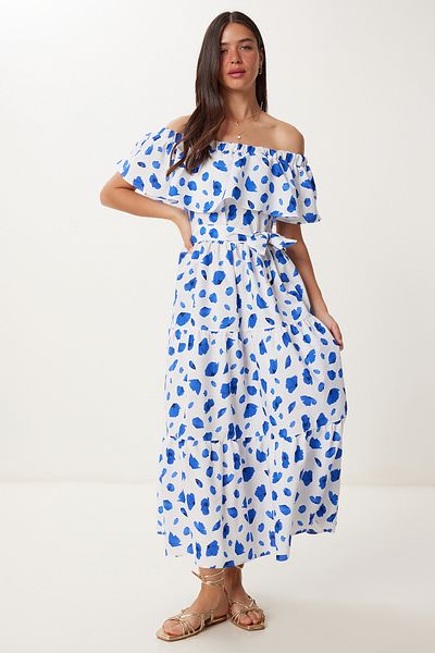 Lovelyİstanbul Patterned Carmen Collar Woven Dress Hfg0004 Byzmavi̇ 38