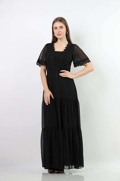 Nichii Long Dress with Short Sheer Sleeves and V-Neck