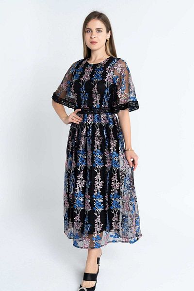 Nichii Embroidered Sheer Midi Dress with Lining
