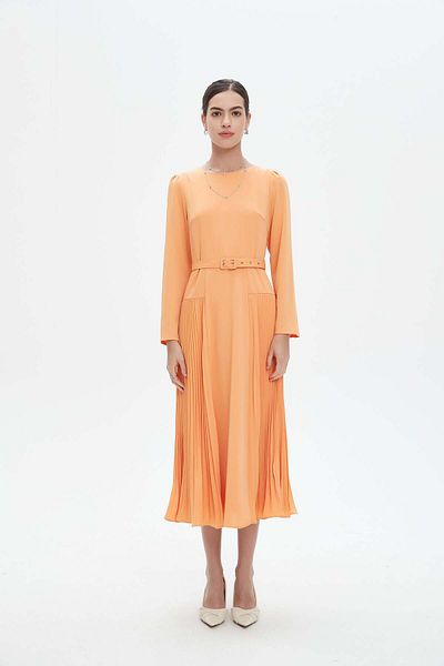 Nichii Solid Midi Dress with Pleats and Waist Belt
