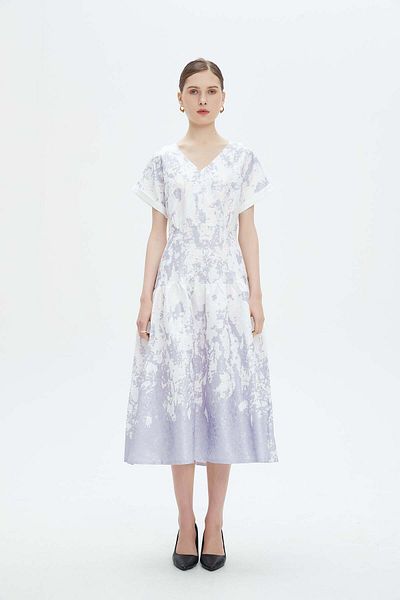 Nichii Short Sleeve Printed Green Midi Dress