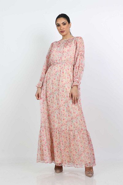 Nichii Long Floral Dress with Pleated Waist and Long Sleeves