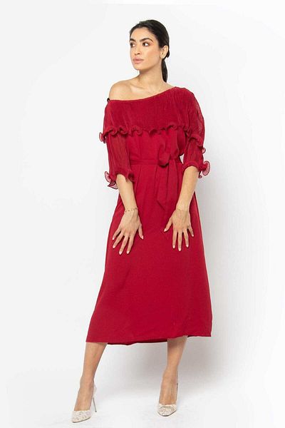 Nichii Short-Sleeve Midi Dress with One-Shoulder Design