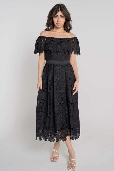 Nichii Women's Off-Shoulder Midi Dress with a Fitted Waist and Cut-Out Design