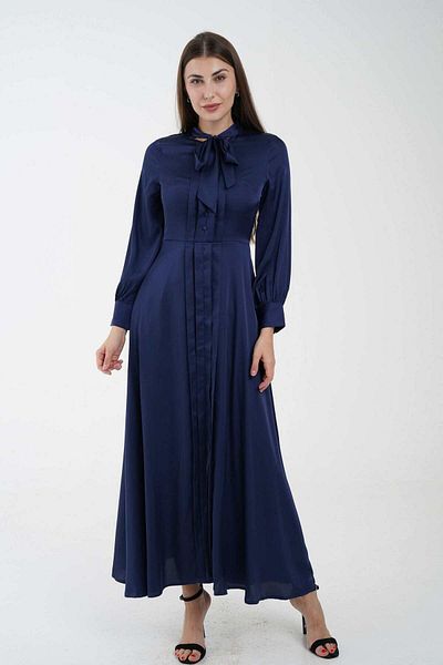 Nichii Women's Long Maxi Dress with Flared Hem and Bow Neck, Long Sleeves