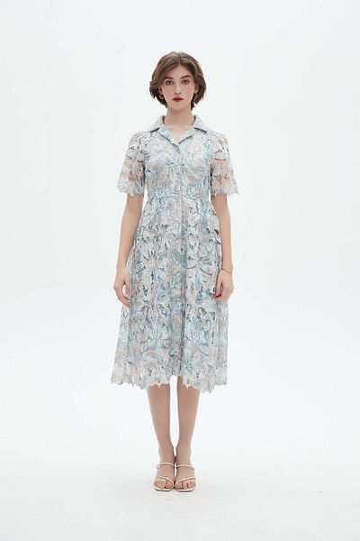 Nichii Lace Detail Midi Dress with Short Sleeves and Shirt Collar