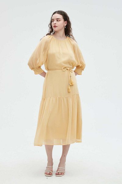 Nichii 3/4 Sleeve Midi Dress with Waist Tie