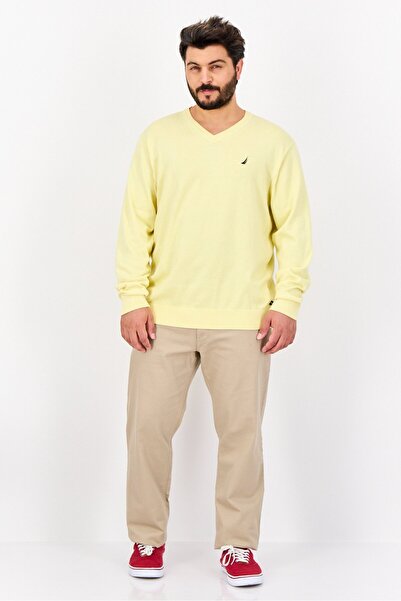 Nautica Navtech By Men V-Neck Long Sleeve Embroidered Logo Sweater, Yellow
