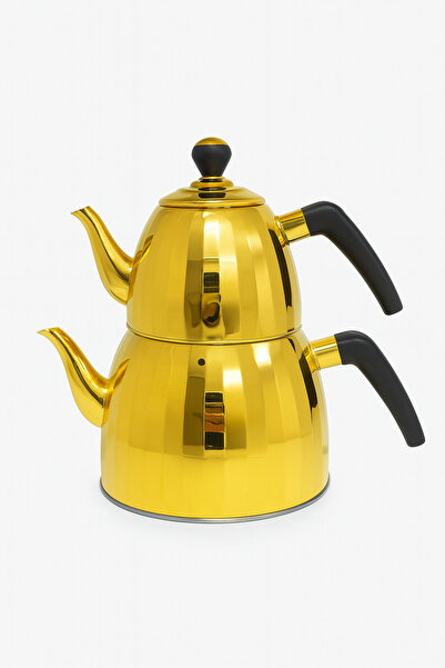 ALFAGİFT Vıcalına Paslanmaz Çelik Gold Çaydanlık Takımı - Üst 1l / Alt 2.5l - Ergonomik Siyah Saplı