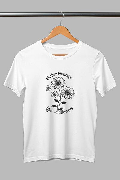 giftkonsept تي شيرت أبيض للجنسين من القطن مطبوع عليه Gather Courage Like Wild...