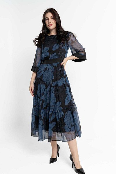 Nichii Women's Floral Chiffon Midi Dress with 3/4 Sleeves