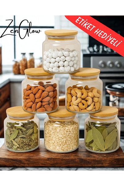 ZenGlow 6-Piece Glass Spice Jar Set - Vacuum Storage Container with Bamboo Lid - Food Spice - Kitchen Organizer