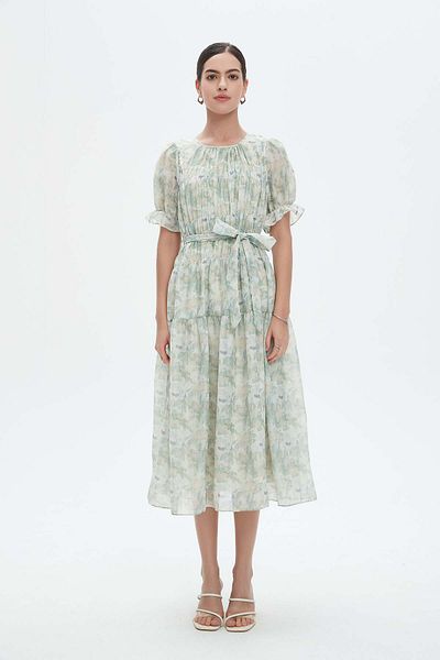 Nichii Short-Sleeve Floral Midi Dress with Waist Tie