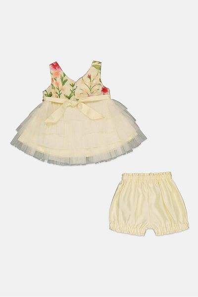 American Princess Toddlers Girl 2 Pieces Embroidered Partywear Dress And Short Set, Multicolor