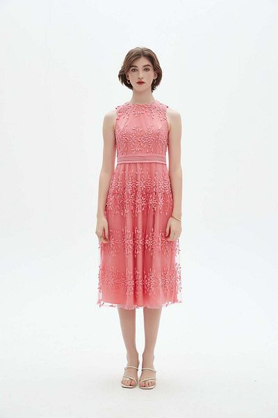 Nichii Sleeveless Midi Dress with Sheer Layer and Round Neck
