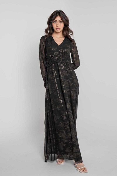 Nichii Women's Long Shiny Printed Dress with Long Sleeves and Seven Openings