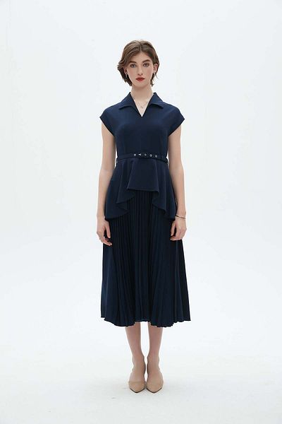 Nichii Sleeveless Midi Dress with Shirt Collar and Waist Belt