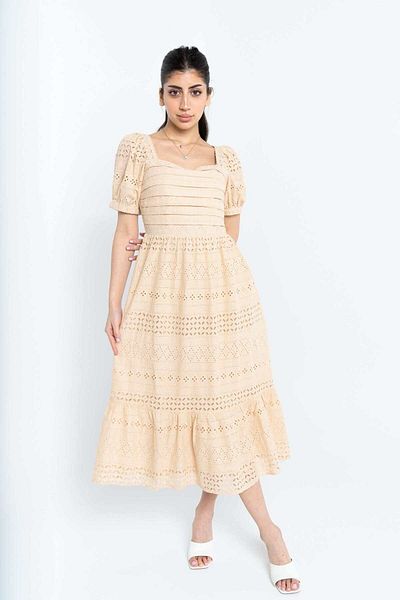Nichii Women's Midi Dress with Open Top and Short Sleeves, Lace Trim