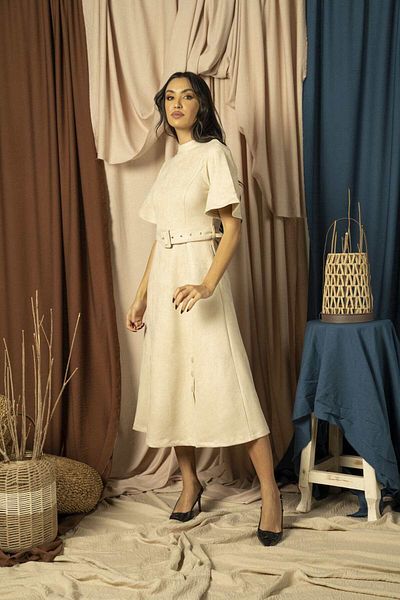 Nichii Shimmery Midi Dress with Butterfly Sleeves and Waist Belt