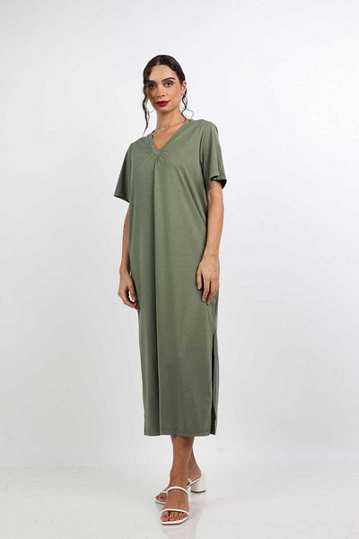 Nichii Women's Solid Midi Dress with Side Slits and V-Neck, Short Sleeves