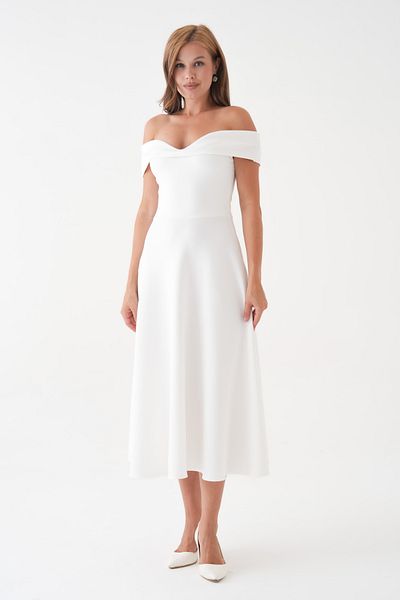 lovebox White Stretchy Scuba Fabric Strapless Neckline Flared Cut Midi Dress 77128