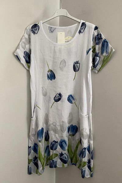 AYASOFYA OTANTIK Women's Italian White Tulip Pattern Short Sleeve Cotton Midi Dress with Bag Pocket