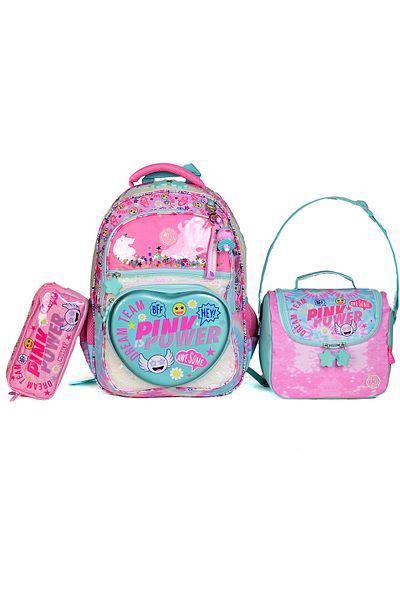 MUGGLE Set de 3 genți de școală Pink Power (rucsac + cutie de prânz + suport pentru stilou) pentru fetiță