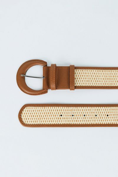 BE BLUE Brown Knitted Detail Leather Belt