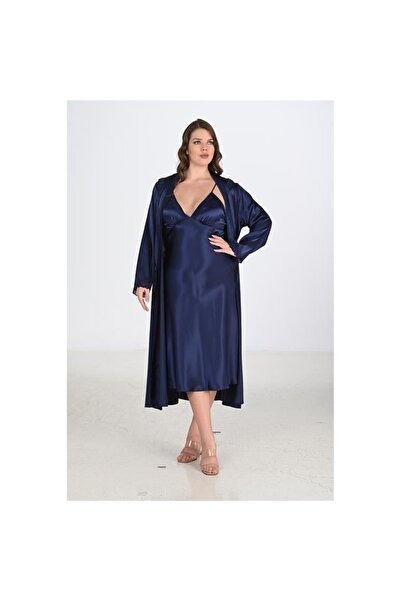 MİRALİVE Marsilyan- 2-Piece Navy Blue Dressing Gown Set Bigsize 6225