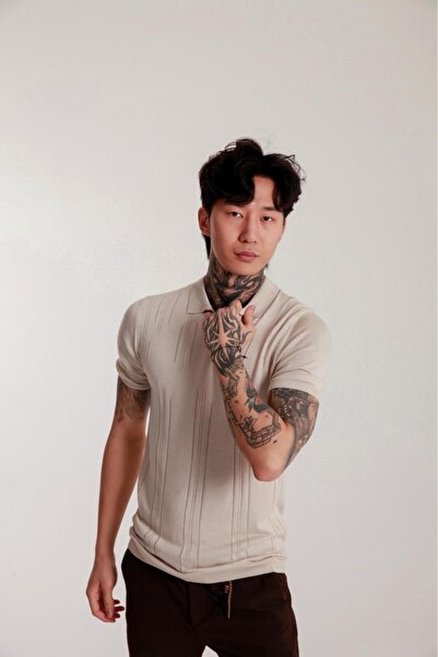 The Champ Clothing Men's Beige Polo Neck Knitwear T-Shirt – Short Sleeve, Summer Modern Slim Fit Knitted Model