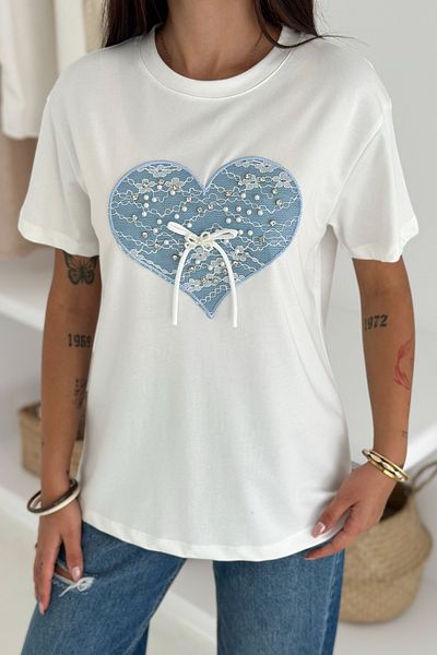 FEMELLE Tricou 100% bumbac cu model de inimă cu panglică albă pentru femei, cu mărgele și broderie, detaliu din denim