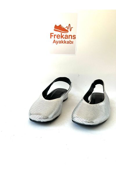 NEWGÜLTEKİN Khaki Leather Soft Comfortable Fit Toputan Elastic Silver Color Stylish Ballet