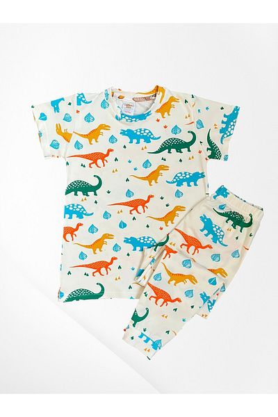 elmas kids Boys' 100% Cotton Fabric White Color Dinosaurs Pattern Short Sleeve Thin Seasonal Pajamas Set