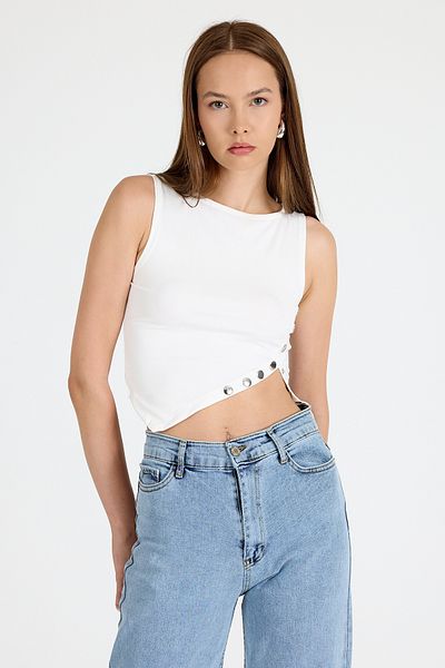 Rays White Snap Detailed Asymmetric Cut Sleeveless Blouse 2494