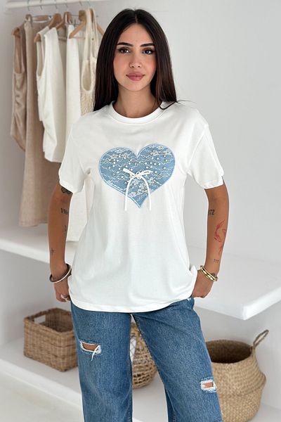 FEMELLE Tricou 100% bumbac cu model de inimă cu panglică albă pentru femei, cu mărgele și broderie, detaliu din denim