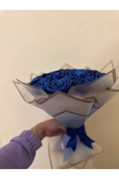 Çiçek Solmayan gül buketi simli gül mavi