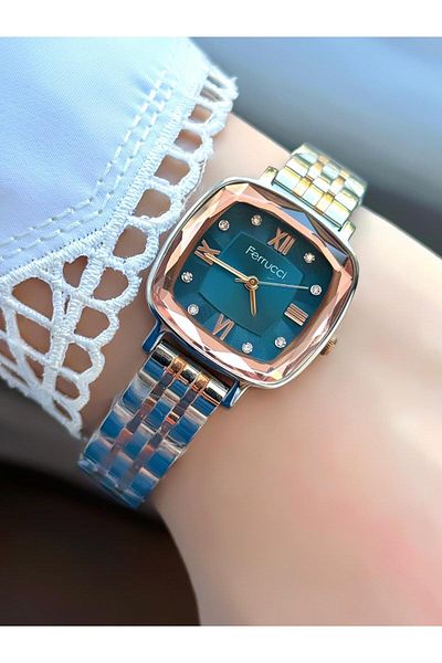 Ferrucci Milano Women's Wristwatch – Octagonal Cut Glass, Navy Blue Stone Dial, Metal Cord