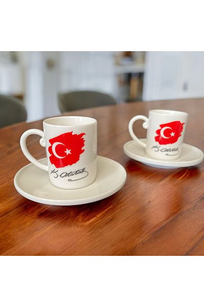 WPAWZ Set of 2 Porcelain Cups with Turkish Flag and Atatürk Signature