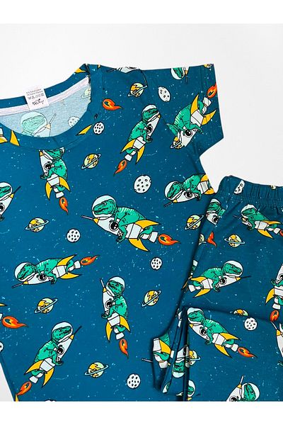elmas kids Boys' 100% Cotton Navy Blue Dinosaur Space Rocket Pattern Short Sleeve Thin Seasonal Pajamas Set