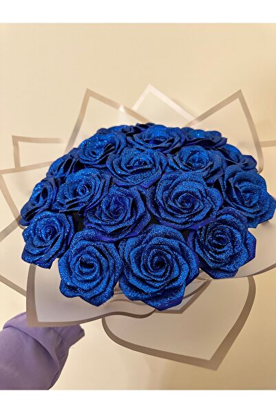 Çiçek Solmayan gül buketi simli gül mavi