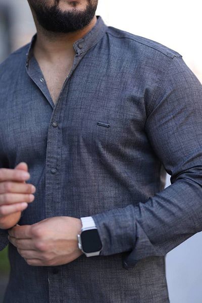Klothy Men's Judge Collar Snap Washable Gabardine Denim Shirt 2322