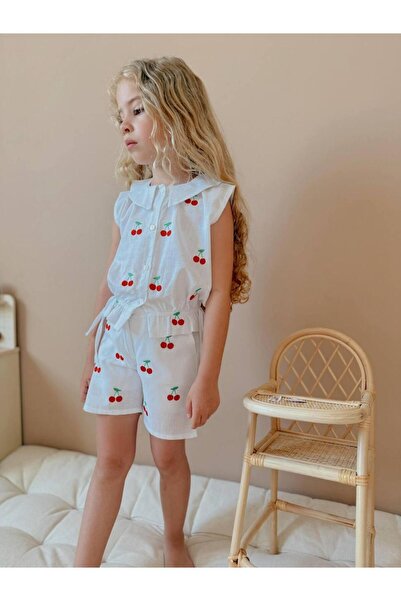 YİGİT BUTİK Yigit Boutique Cherry Embroidered Linen Fabric Girl's Suit